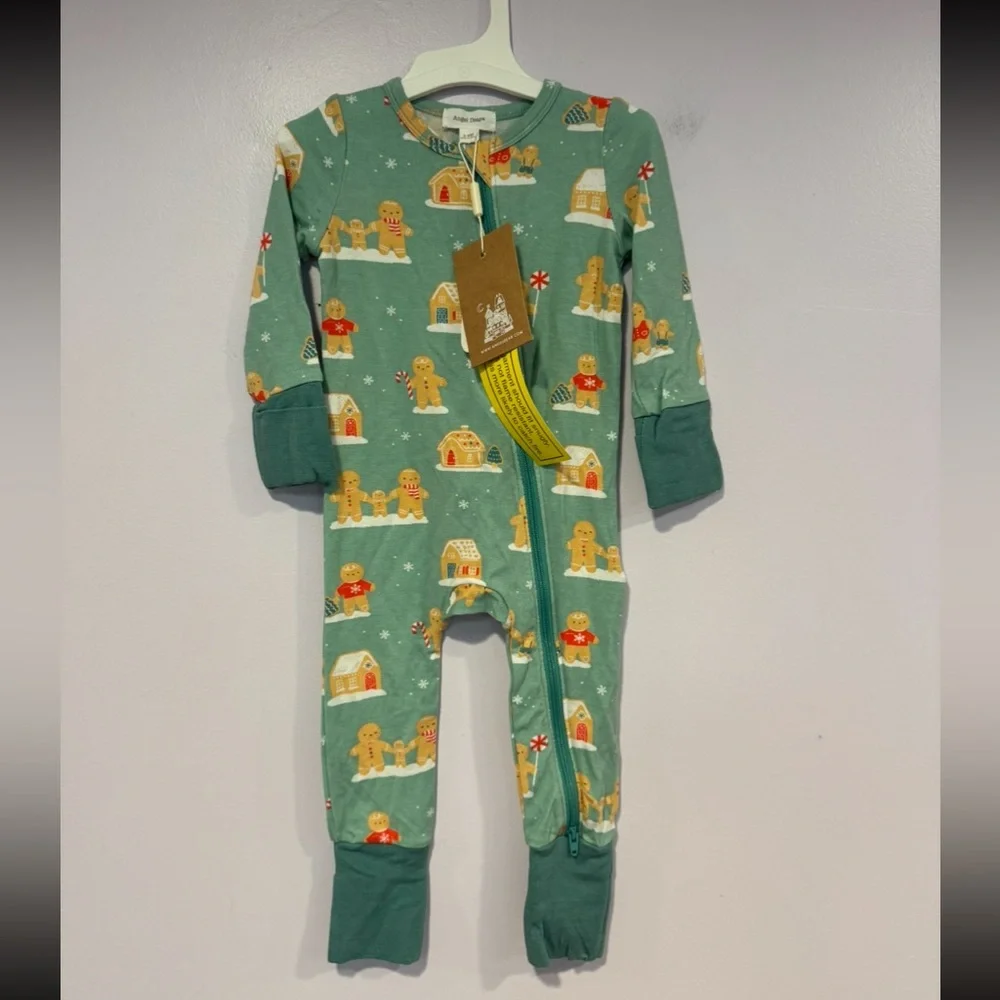 Angel Dear Festive Gingerbread Green Kids Footie Bamboo Christmas‎ NWT